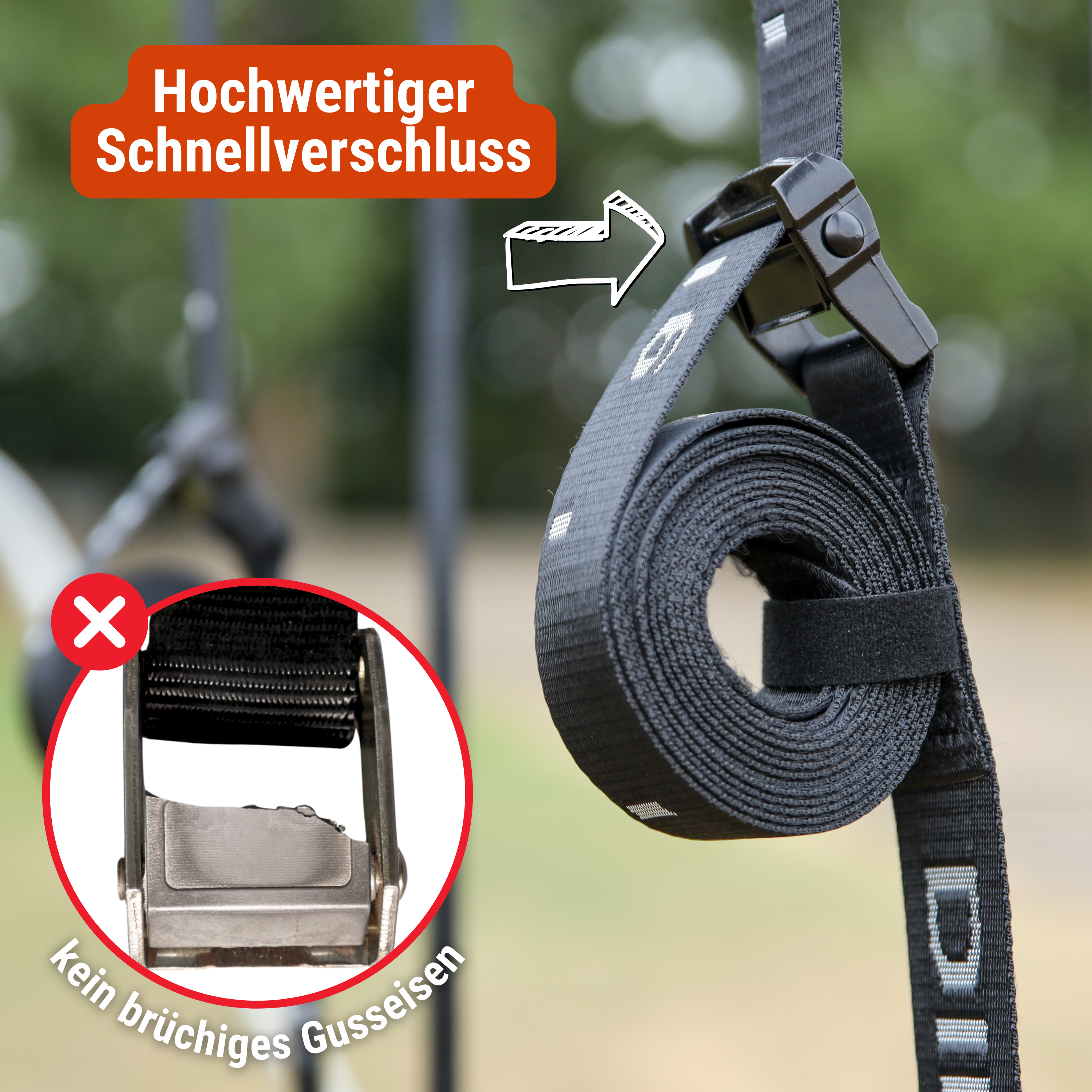 hochwertiger, sicherer Schnellverschluss, lakiert und langlebig, kein brüchiges Gusseisen